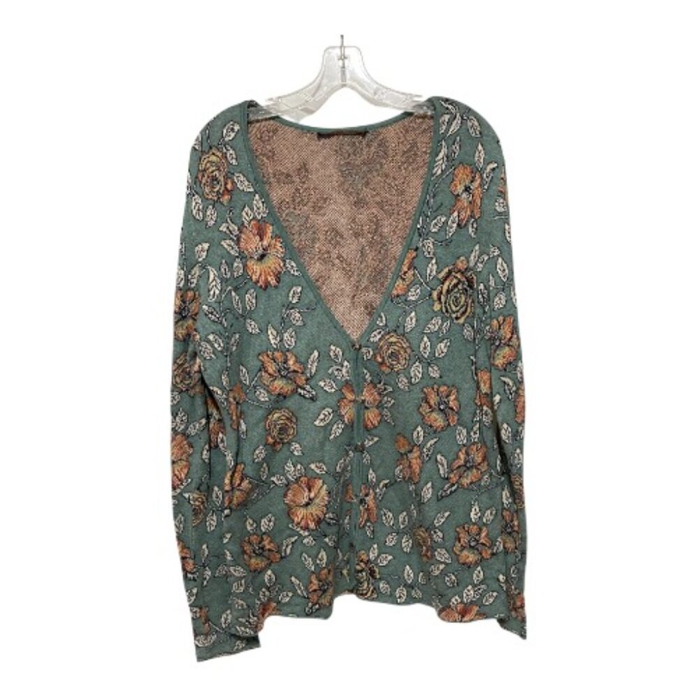 Peruvian Connection Large Pima Cotton Button Down Floral Knit Cardigan Sweater